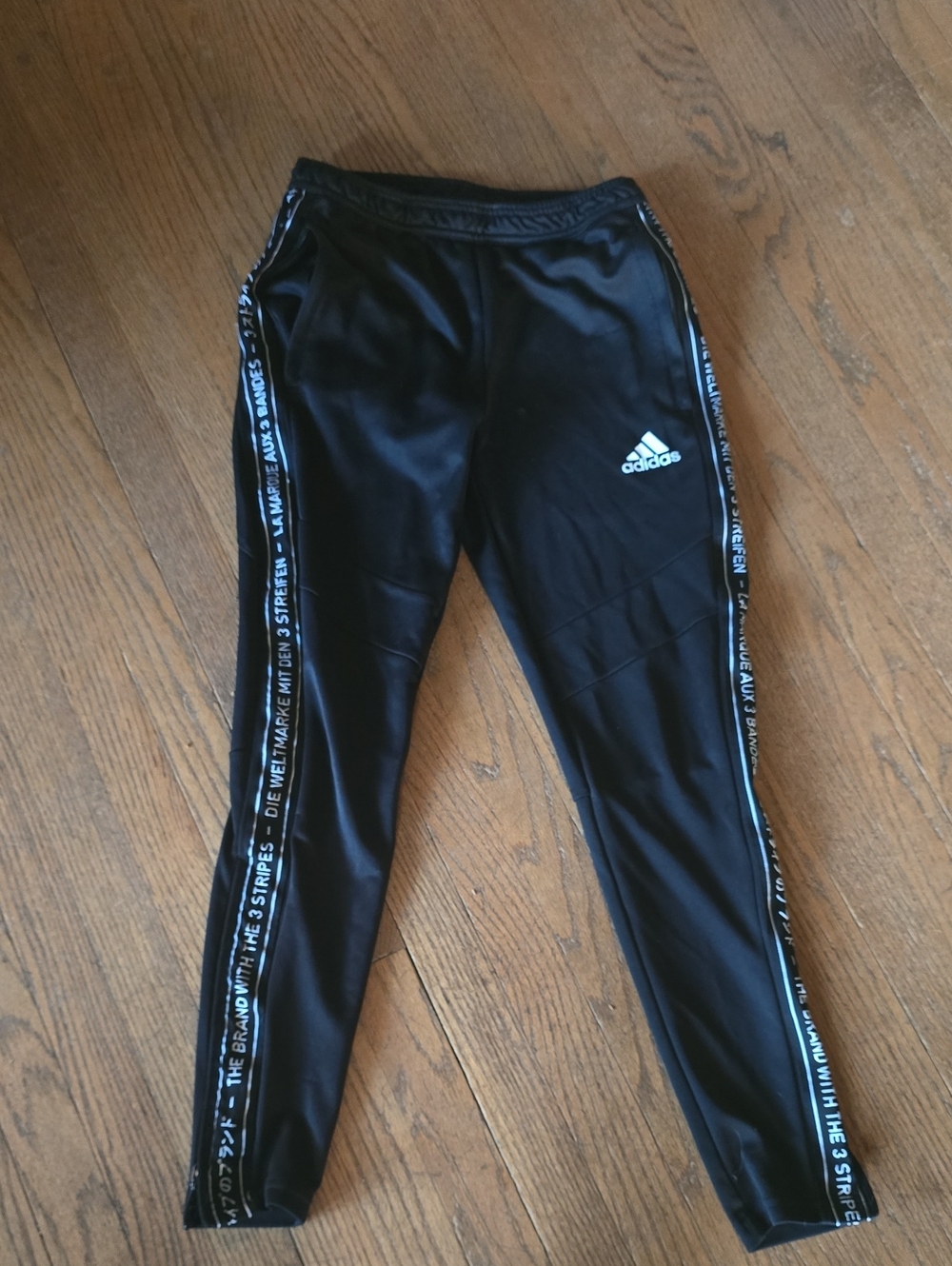 adidas Black Leggings with White Logo and Side Stripe Text